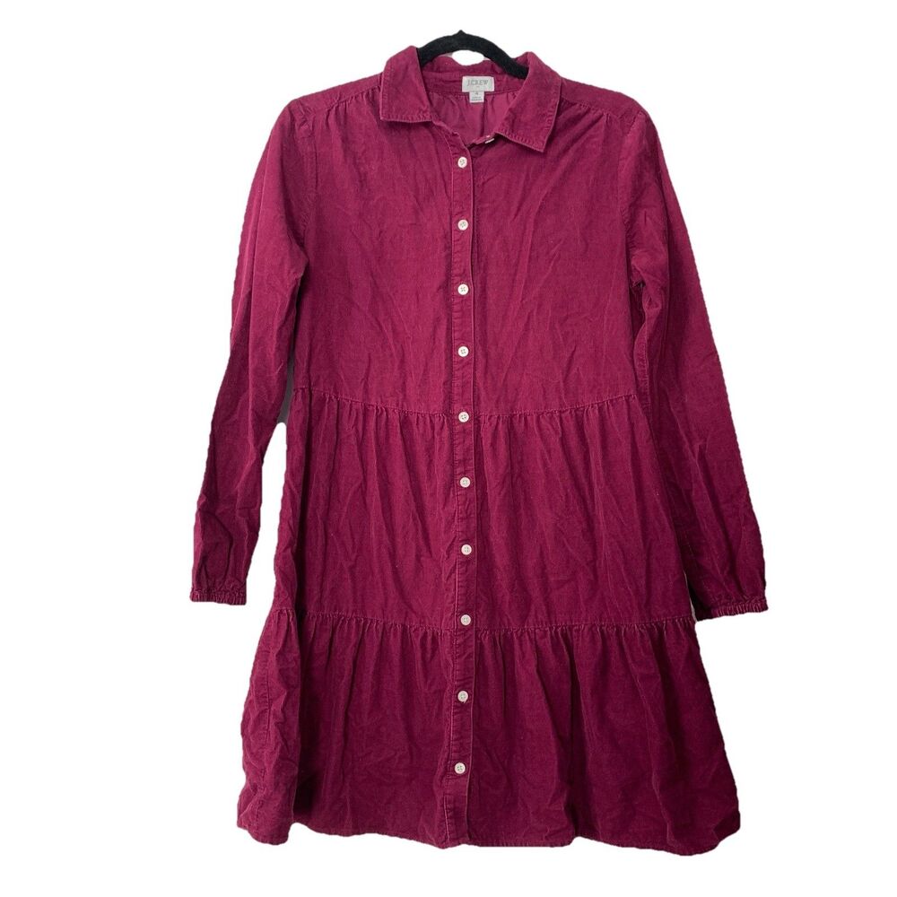 J.Crew Shirt Dress Womens‎ 4 Maroon Red Corduroy Button Up Tiered Long Sleeve